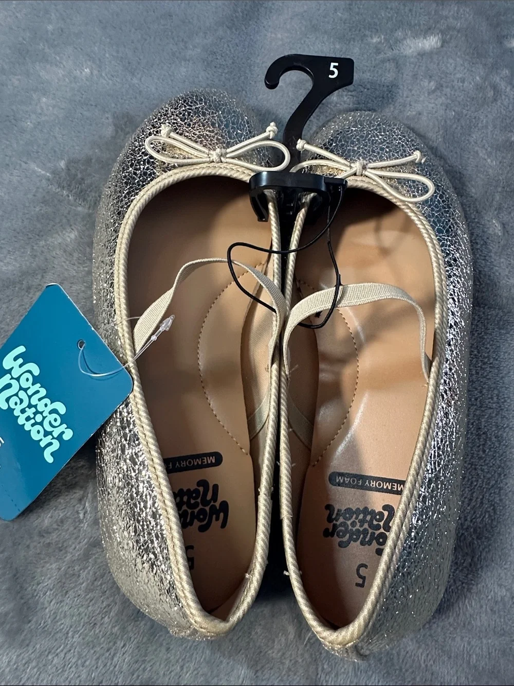 NWTS wonder nation Metallic Silver Mary Jane Ballet Flats with Bow Sz 5 girls